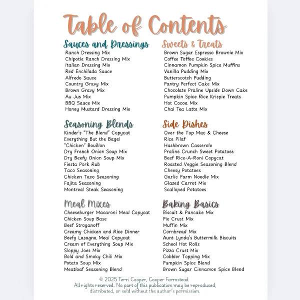 Cooper Farmstead Comforts Cookbook Table of Contents